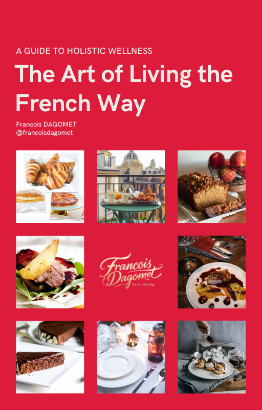 Book cover of 'The Art of Living the French Way' with images of food and a red background.