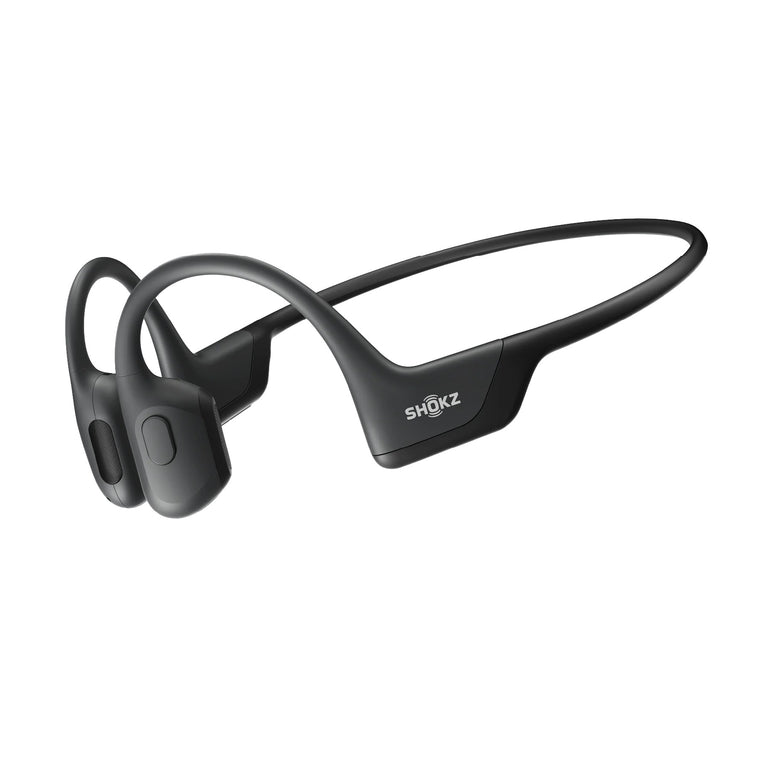 Black Shokz bone conduction headphones on a white background