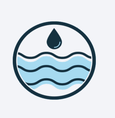 Icon of a water droplet above wavy lines on a light blue background