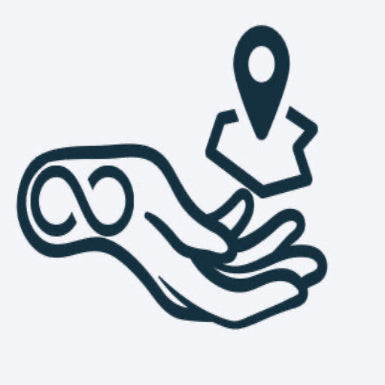Outline of a hand holding a location pin icon on a white background