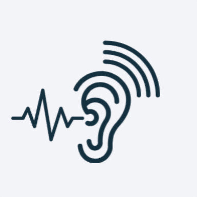 Icon of an ear with sound waves and a heartbeat line on a light gray background