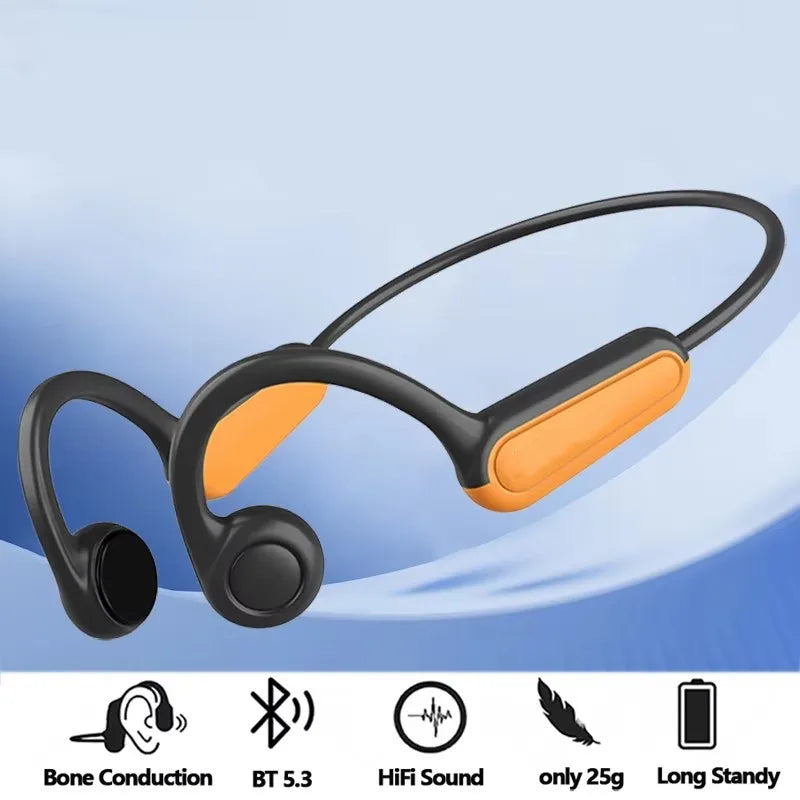 Black and orange bone conduction headphones on a blue gradient background