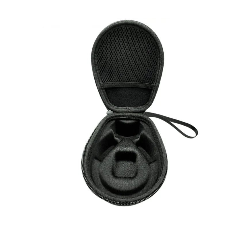 Black hard-shell carrying case with a handle on a white background